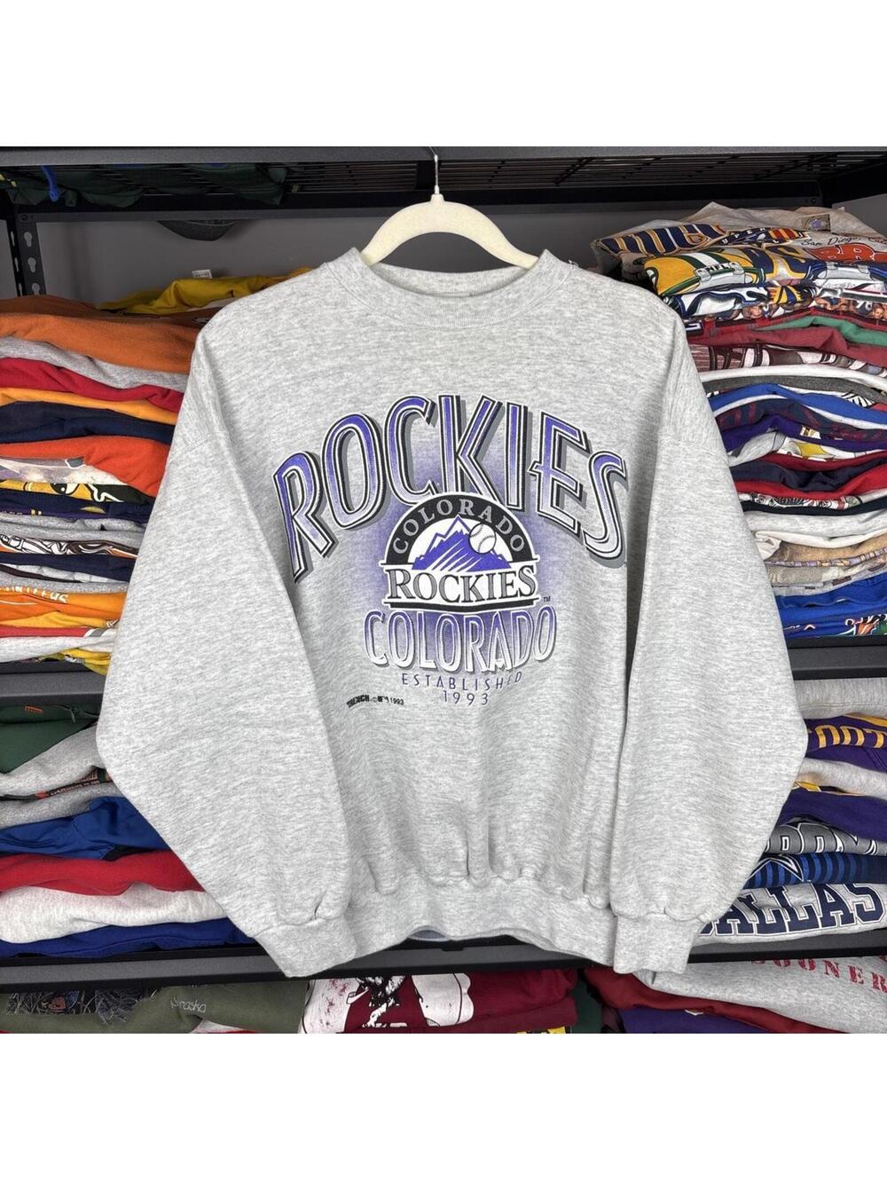 Vintage 90s Colorado Rockies Established 1993 Trench Ultra Crewneck Gray XL USA
